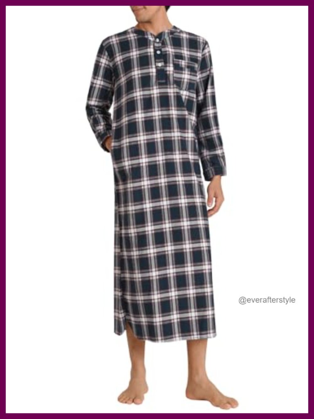 Men's Long Cotton Flannel Nightshirt Button Down Sleepwear